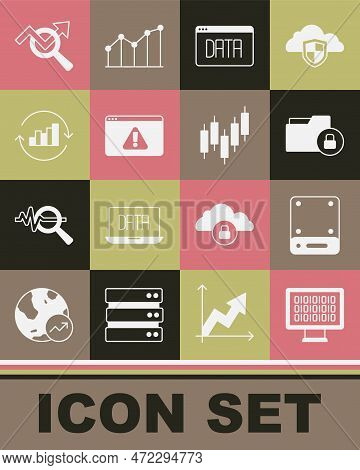 Set Binary Code, Server, Folder And Lock, Data Analysis, Browser With Exclamation Mark, Pie Chart In