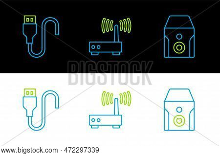 Set Line Uninterruptible Power Supply, Usb Cable Cord And Router And Wi-fi Signal Icon. Vector