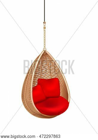 Wicker Hanging Swing Chair Composition With Isolated Image Of Modern Lounge With Soft Pillows Vector