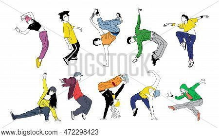 Set Of Teenager Dancers Hip Hop, Breakdance Vector