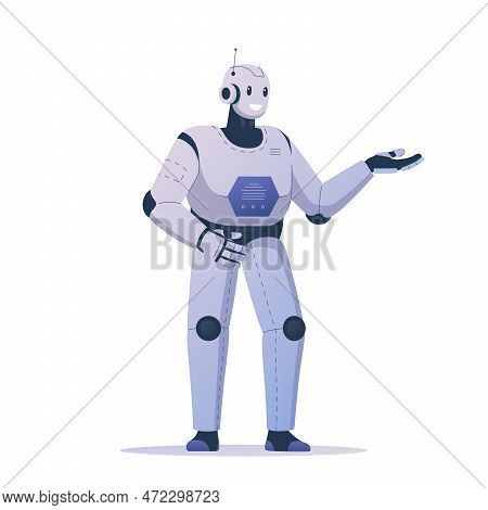 Vector Illustration Of A Modern Robot That Smiles And Demonstrates Something With Its Hand. High-tec