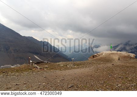 Mountain Panorama View With Flag Seen From Grosser Burgstall In Glockner Group, Austria