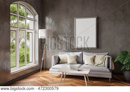 Cozy Living Room Interior In Room Corner; Sunlight Shining Trough Window; Floorlamp And Couch Table 