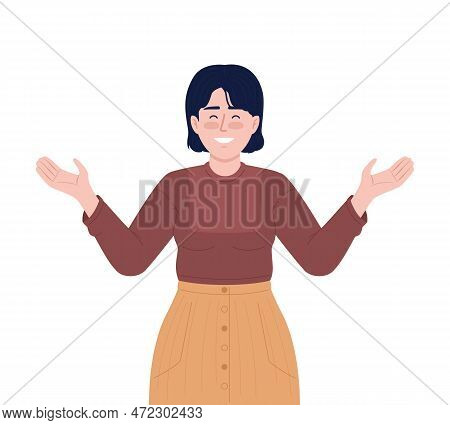 Smiling Woman With Open Arms Semi Flat Color Vector Character