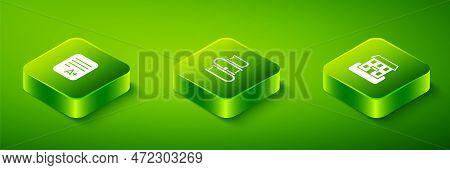 Set Isometric Book, School Building And Exam Sheet With A Plus Grade Icon. Vector