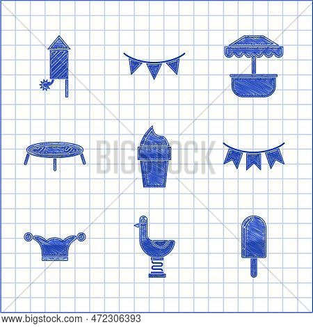 Set Ice Cream In Waffle Cone, Riding Kid Duck, Carnival Garland With Flags, Jester Hat Bells, Jumpin