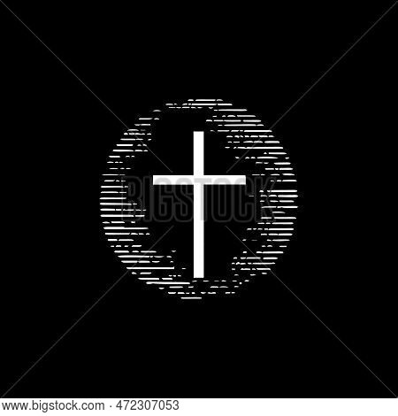 Minimalistic Logo Template, White Icon Of Christianity Cross On Black Background, Modern Logotype Co
