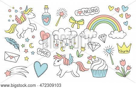 Set Of Cute Magical Stickers. Doodle Badges With Unicorn, Rainbow, Stars, Clouds, Hearts And Letteri