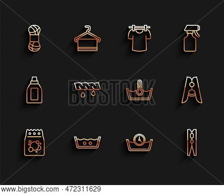 Set Line Laundry Detergent, Temperature Wash, Yarn, Time, Clothes Pin, Squeeze Clothes, And Icon. Ve