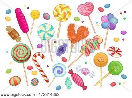 Set Of Different Sweets And Candies. Stickers With Spiral Lollipop, Caramel Candies, Gummies And Twi