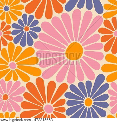 Groovy Daisy Flowers Seamless Pattern. Floral Vector Background In 1970s Hippie Retro Style