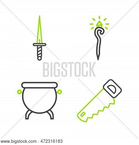 Set Line Hand Saw, Witch Cauldron, Magic Staff And Dagger Icon. Vector