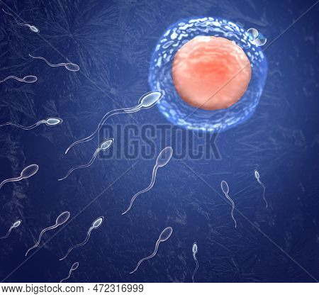 Cryopreservation Of Genetic Material. Sperm Cells And Ovum On Blue Background, Frost Effect