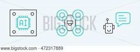 Set Line Bot, Processor With Microcircuits Cpu And Drone Icon. Vector