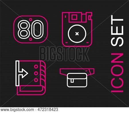 Set Line Waist Bag Of Banana, Sound Mixer Controller, Floppy Disk And 80s Retro Icon. Vector