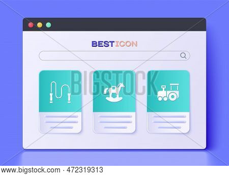 Set Horse In Saddle Swing, Jump Rope And Toy Train Icon. Vector