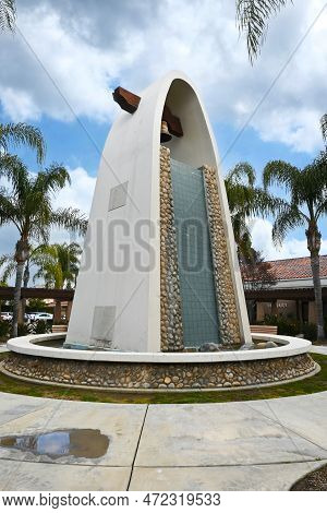 Placentia, California - 8 Mar 2023: The Bell Tower Fountain In The Courtyard Of The Placentia Civic 