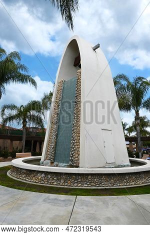 Placentia, California - 8 Mar 2023: The Bell Tower Fountain In The Courtyard Of The Placentia Civic 