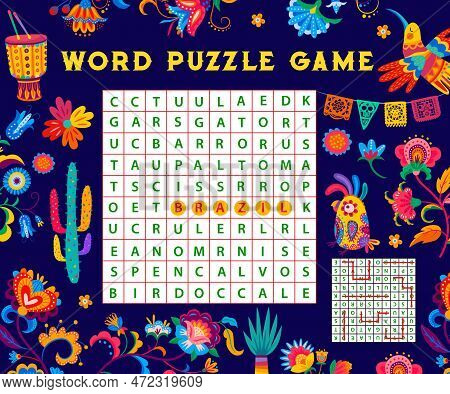 Brazilian Word Search Puzzle Game. Vector Quiz Worksheet Of Brazil Music Carnival. Word Maze With Ca