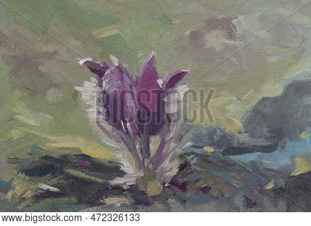 Dream-grass Oil Painting. Spring Purple Fluffy Flower Illustration With Paints. Horizontal Postcard.