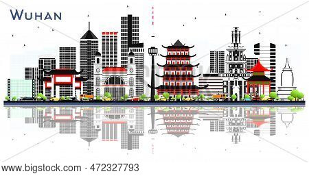 Wuhan China City Skyline With Gray Buildings And Reflections Isolated On White. Vector Illustration.