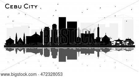 Cebu City Philippines Skyline Silhouette With Black Buildings And Reflections Isolated On White. Bus
