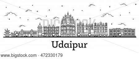 Outline Udaipur India City Skyline With Historical Buildings Isolated On White. Vector Illustration.