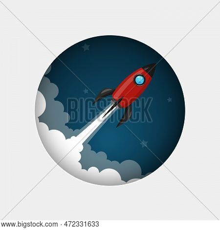 Red Space Rocket Launch Model Icon And Flame On Night Sky And Smoke Backgruond. Logo Or Banner