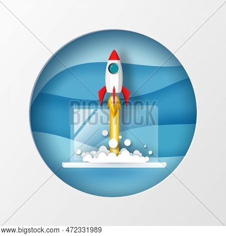Rocket Or Space Ship In Circle Frame Launch From Laptop To The Blue Sky On Presentation Template Bac