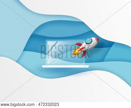 Rocket Or Space Ship In Circle Frame Launch From Laptop To The Blue Sky On Presentation Template Bac
