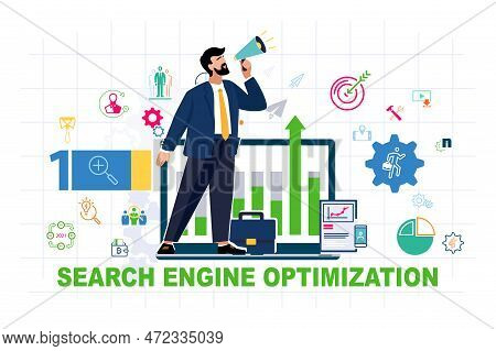 Businessman With A Loudspeaker Stands On A Laptop Monitor. Seo Trends To Rank Your Website. Search E