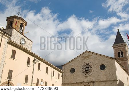 View Of The Main Square Of Gualdo Tadino With The Cathedral In Umbria, Italy