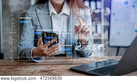 Businessman Hand Project Manager Working And Update Tasks And Gantt Chart Scheduling Virtual Diagram