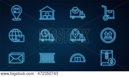 Set Line Envelope With Dollar Symbol, This Side Up, Delivery Truck Check Mark, Logistics Delivery An