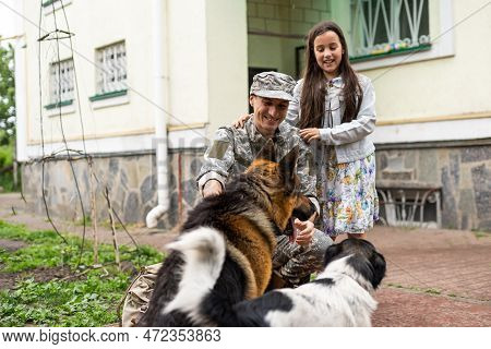 Military Father Meeting With Daughter And Dogs