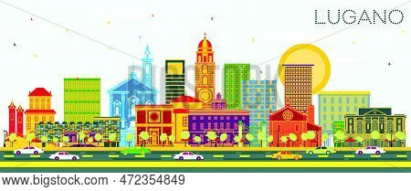 Lugano Switzerland Skyline With Color Buildings And Blue Sky. Vector Illustration. Business Travel A