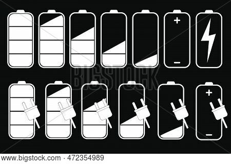 Set Battery Level Indicator, White Outline Isolated On Black.