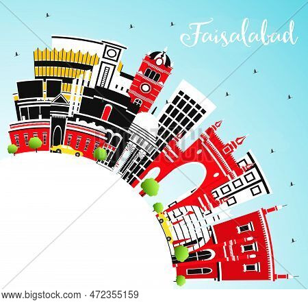 Faisalabad Pakistan City Skyline With Gray Buildings, Blue Sky And Copy Space. Vector Illustration. 