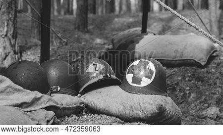 Wwii American Metal Helmets Of United States Army Infantry Soldier At World War Ii. Helmets Near Cam