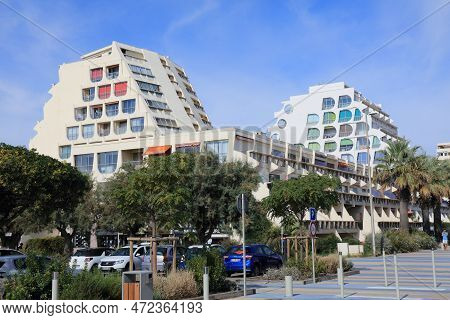 La Grande-motte, France - October 2, 2021: Modern Ziggurat Style Architecture Of Famous Centrally Pl