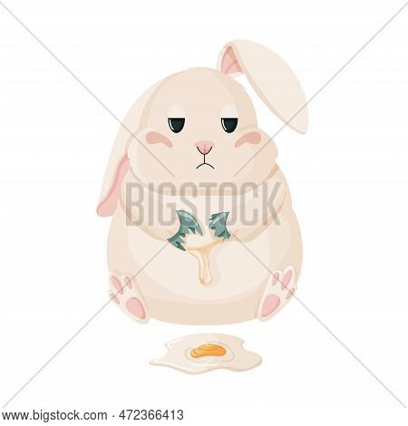 Spring Easter Bunny. Easter Bunny Sitting With Broken Egg.