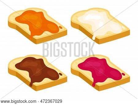 Vector Set Of White Toast Bread Slices With Chocolate And Fruit Jam Of Apple, Apricot, Blueberry, Pe
