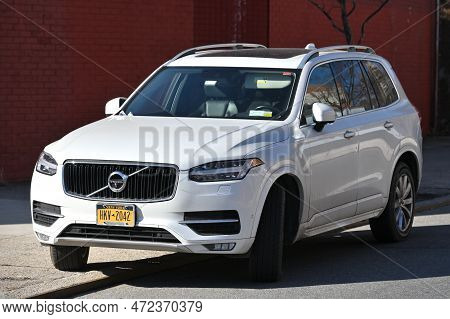 New York City - February 14, 2023: White Volvo Xc90 Suv Car Parked On A Road In New York City, Unite