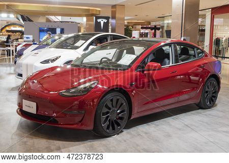 Bangkok, Thailand- 17 Feb, 2023: Tesla Electric Cars Display On The Showroom In The Shopping Mall, B