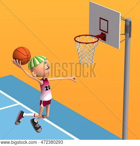 3d-illustration Of A Cute And Funny Cartoon Basketball Player Thows A Basketball On The Board