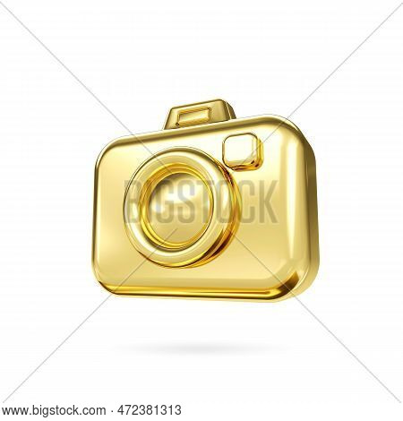 Gold Photo Camera 3d Icon. 3d Simple Gold Camera With Lens Symbol. Concept Technology And Snapshot P