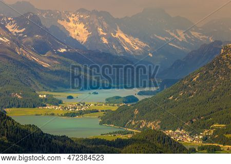 Dramatic Alpine Landscape Above St Moritz At Sunset, Engadine, Muottas Muragl, Switzerland