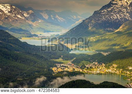 Dramatic Alpine Landscape Above St Moritz At Sunset, Engadine, Muottas Muragl, Switzerland