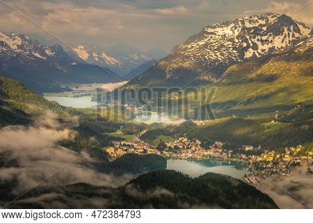 Dramatic Alpine Landscape Above St Moritz At Sunset, Engadine, Muottas Muragl, Switzerland
