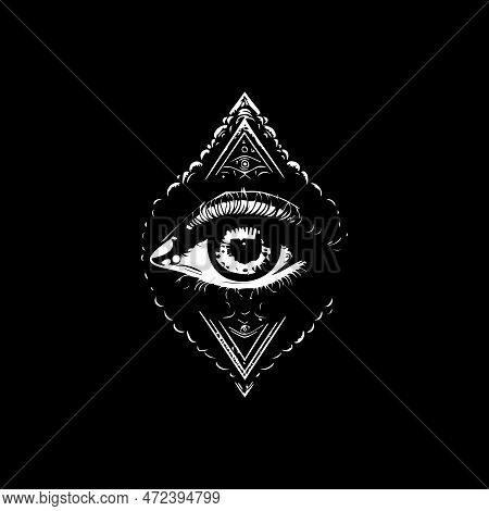 All-seeing Eye Dotwork Tattoo With Dots Shading, Depth Illusion, Tippling Tattoo. Hand Drawing White